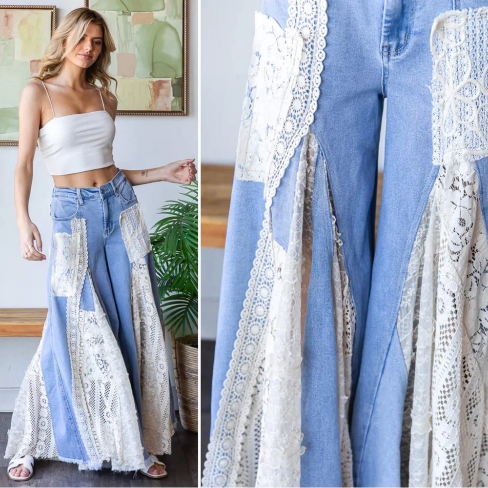 Oli & Hali Blue and White Lace Flare Jeans